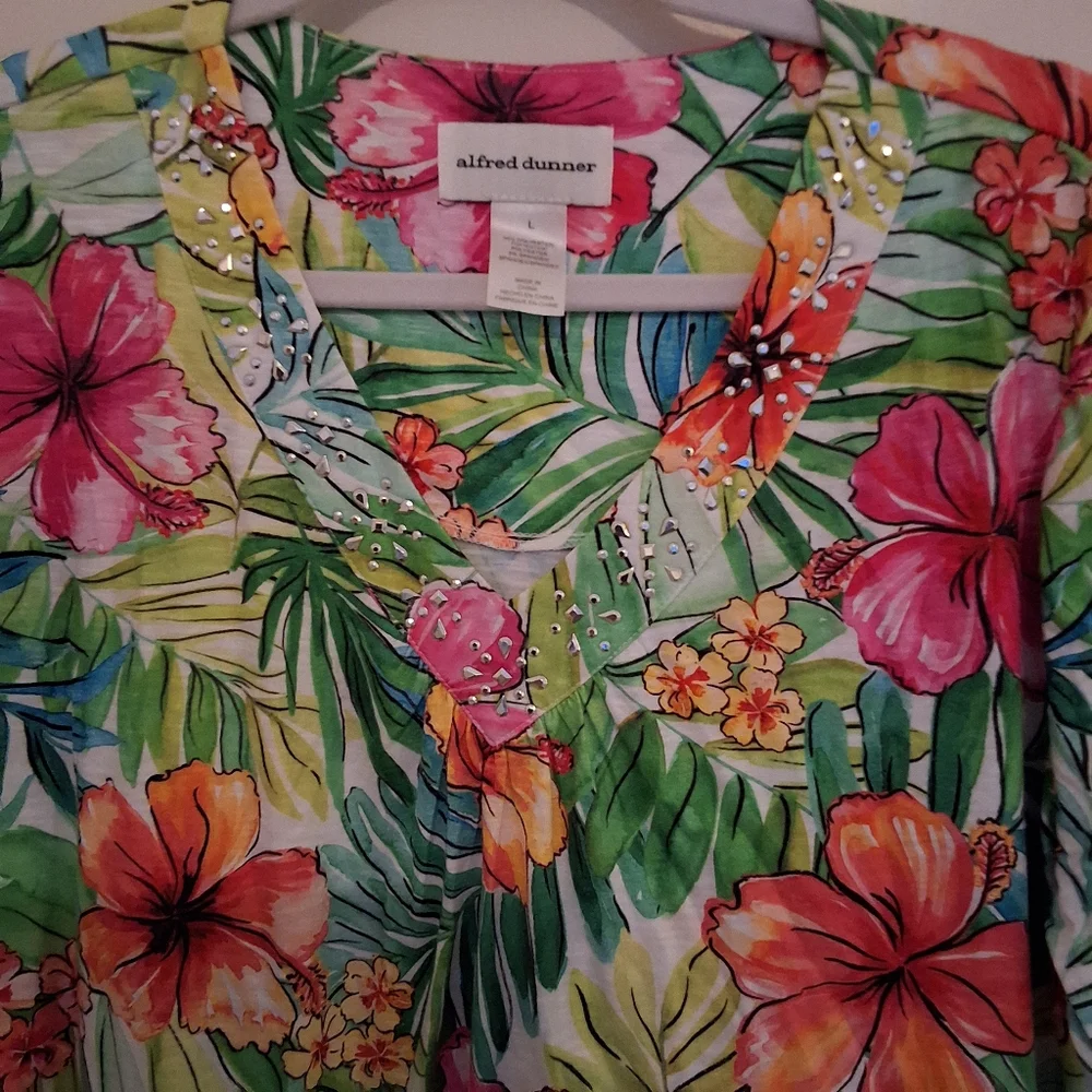 Alfred Dunner Tropical Floral Blouse - Pink, Orange, Green - Picture 2 of 7